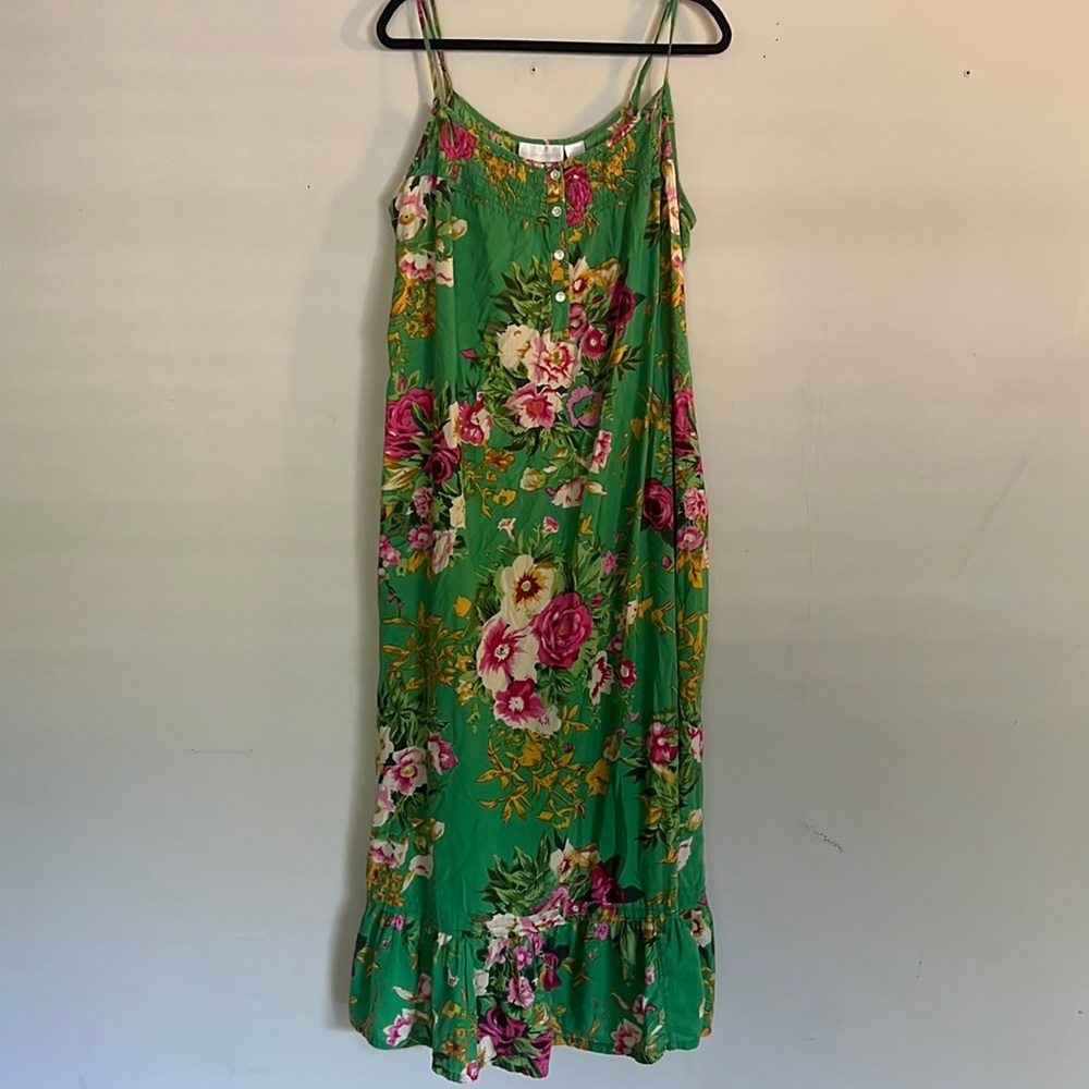 Soft Surroundings smocked neck ruffle hem green floral maxi dress - Picture 1 of 4